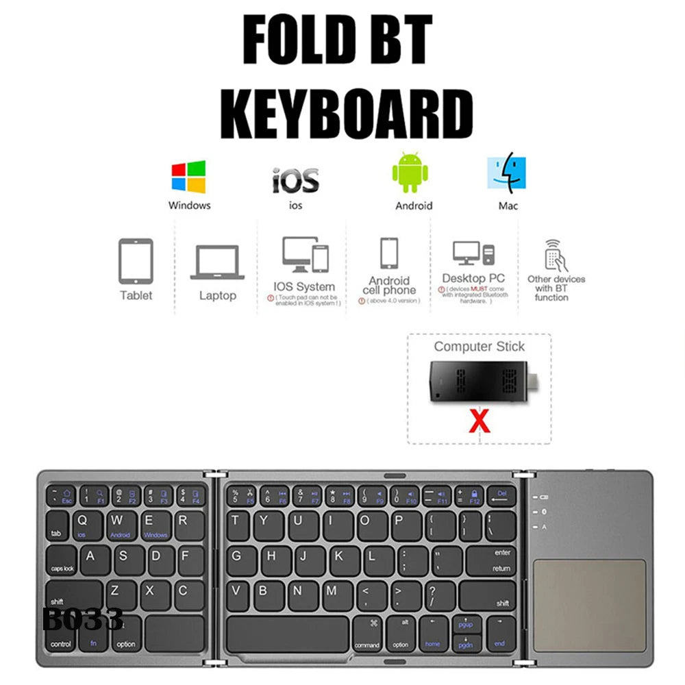 Mini Wireless Bluetooth Keyboard with Touchpad - Portable Magnetic Triple Folding Design for Windows, Android, iOS, and iPad Devices