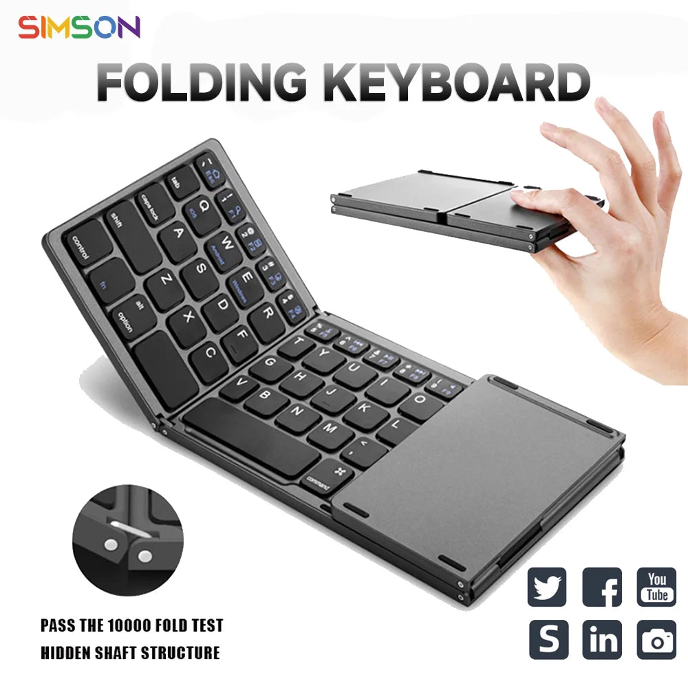 Mini Wireless Bluetooth Keyboard with Touchpad - Portable Magnetic Triple Folding Design for Windows, Android, iOS, and iPad Devices