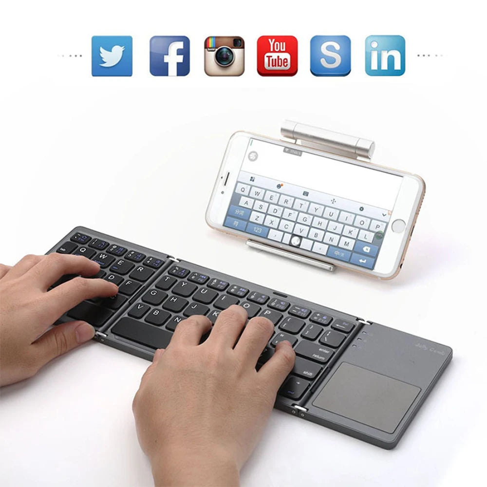 Mini Wireless Bluetooth Keyboard with Touchpad - Portable Magnetic Triple Folding Design for Windows, Android, iOS, and iPad Devices