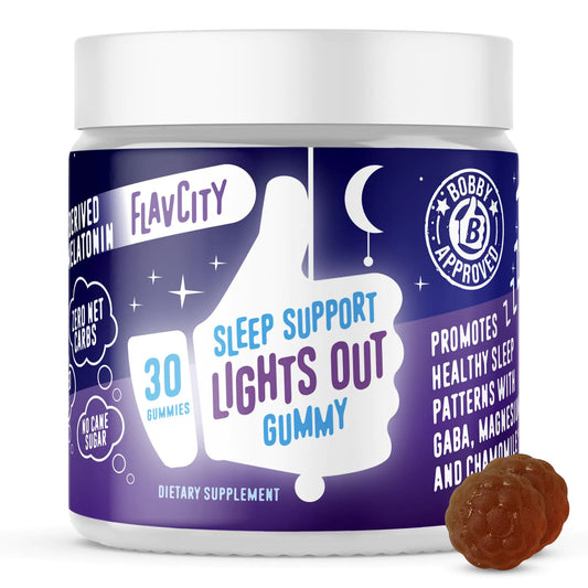 FlavCity Melatonin Sleep Gummies for Adults Lights Out Gummy - Chewable Sleep Support Supplement with Plant-Based GABA Magnesium & Chamomile for Deep & Restful Bedtime 30-Day Supply